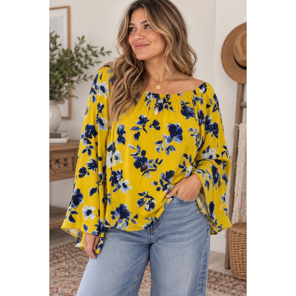 Elizabeth and James Yellow Floral Off Shoulder Bell Sleeve Blouse XL